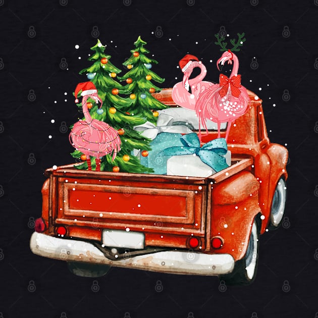 Christmas Three Flamingo Ride Red Truck Xmas Santa Hat by dounjdesigner